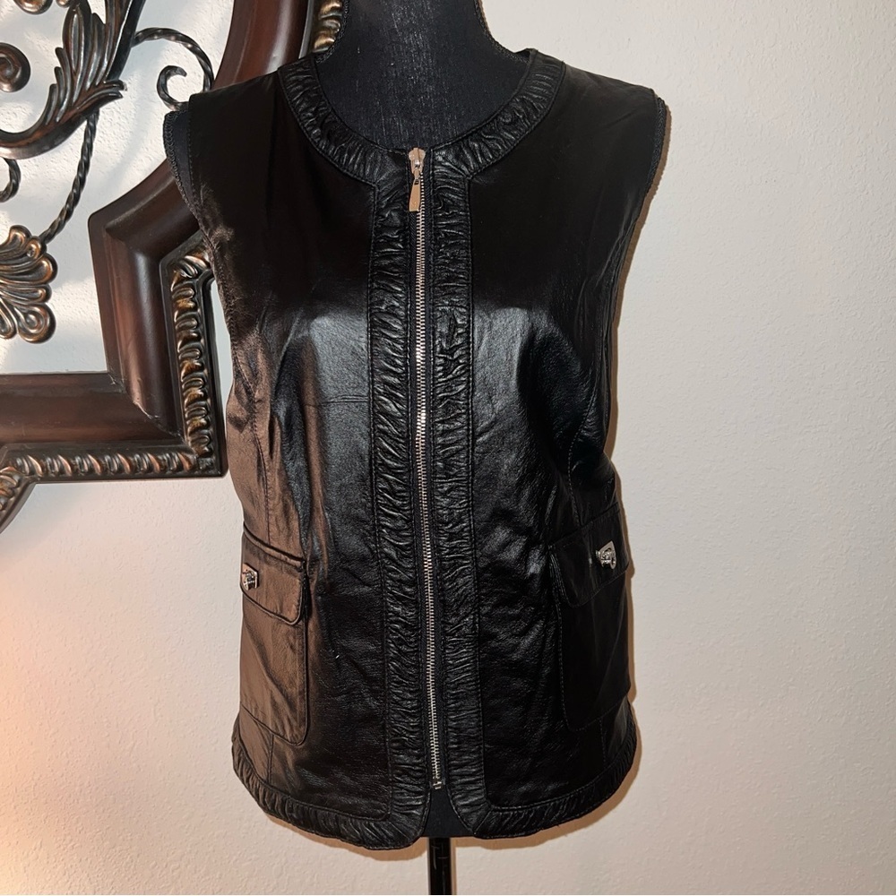 Peter Nygard Unisex Black Leather Full Zip Vest Size Large - Picture 11 of 12